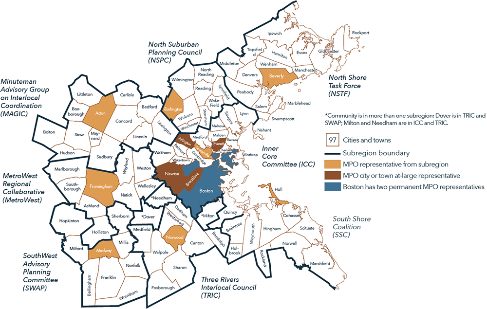 A map showing the 97 cities and towns that make up the Boston Region, including the eight subregions communities are grouped into. A map showing the 97 cities and towns that make up the Boston Region, including the eight subregions communities are grouped into.